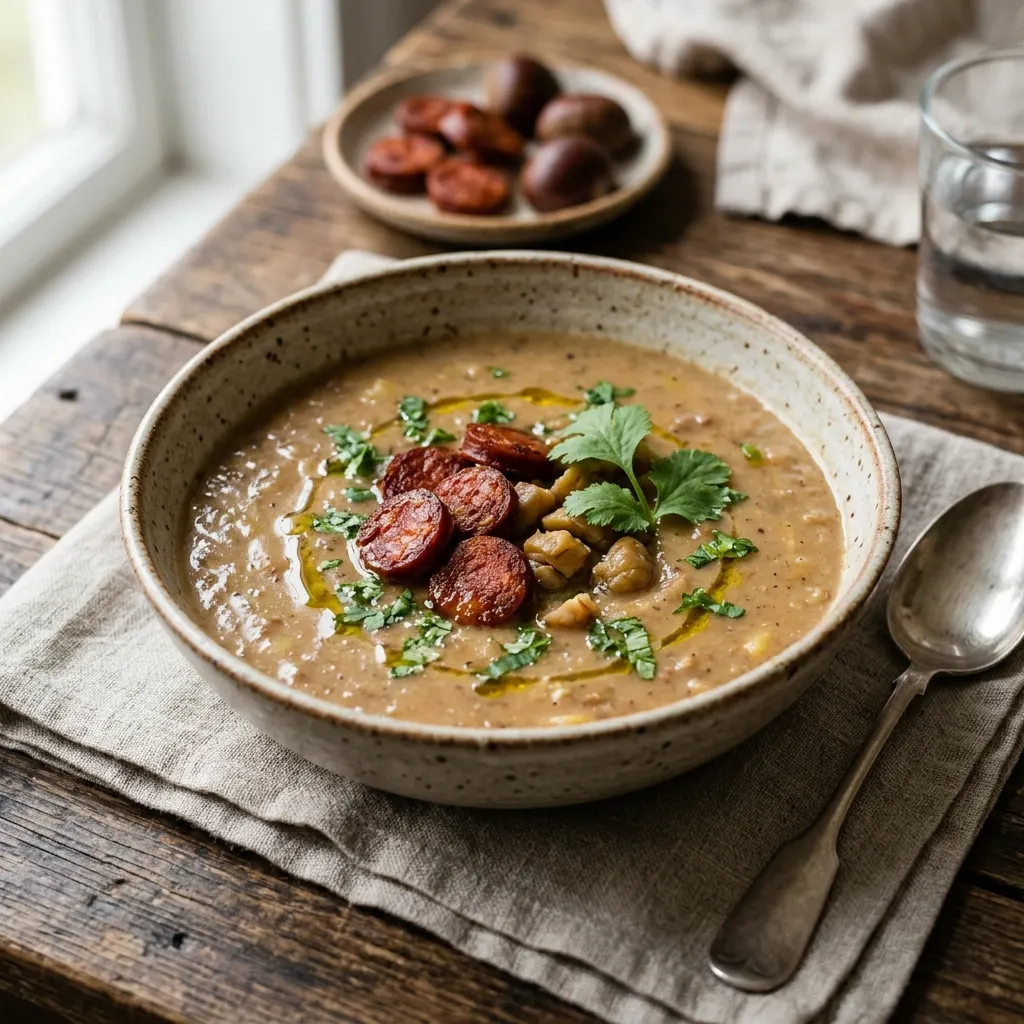 Sopa de castanhas (soupe portugaise de châtaignes au chorizo)