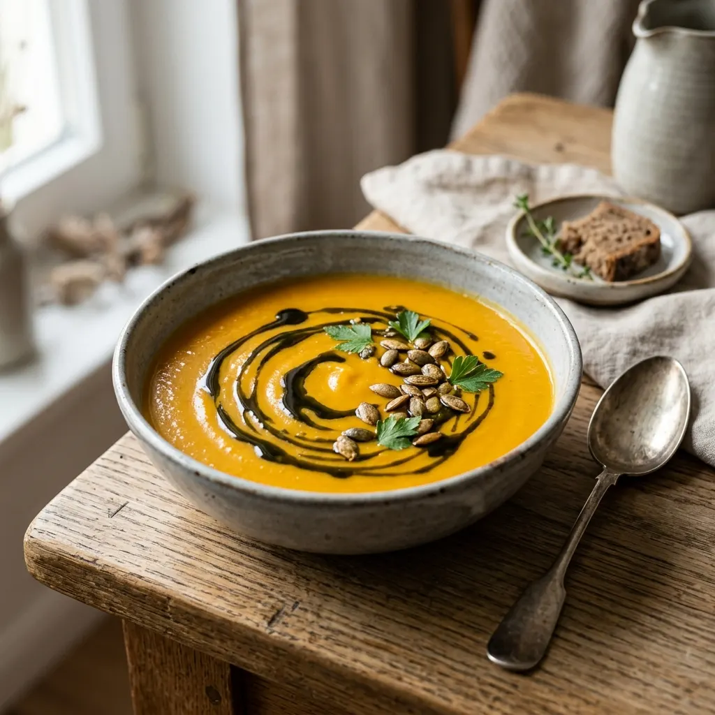 Kürbiscremesuppe (velouté autrichien de courge à l'huile de pépins de courge)