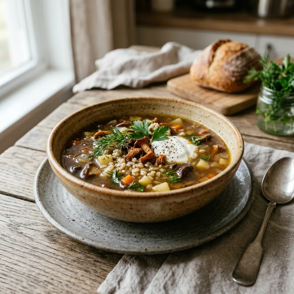 Gribnoy sup (soupe russe aux champignons des bois et à l'orge perlé)