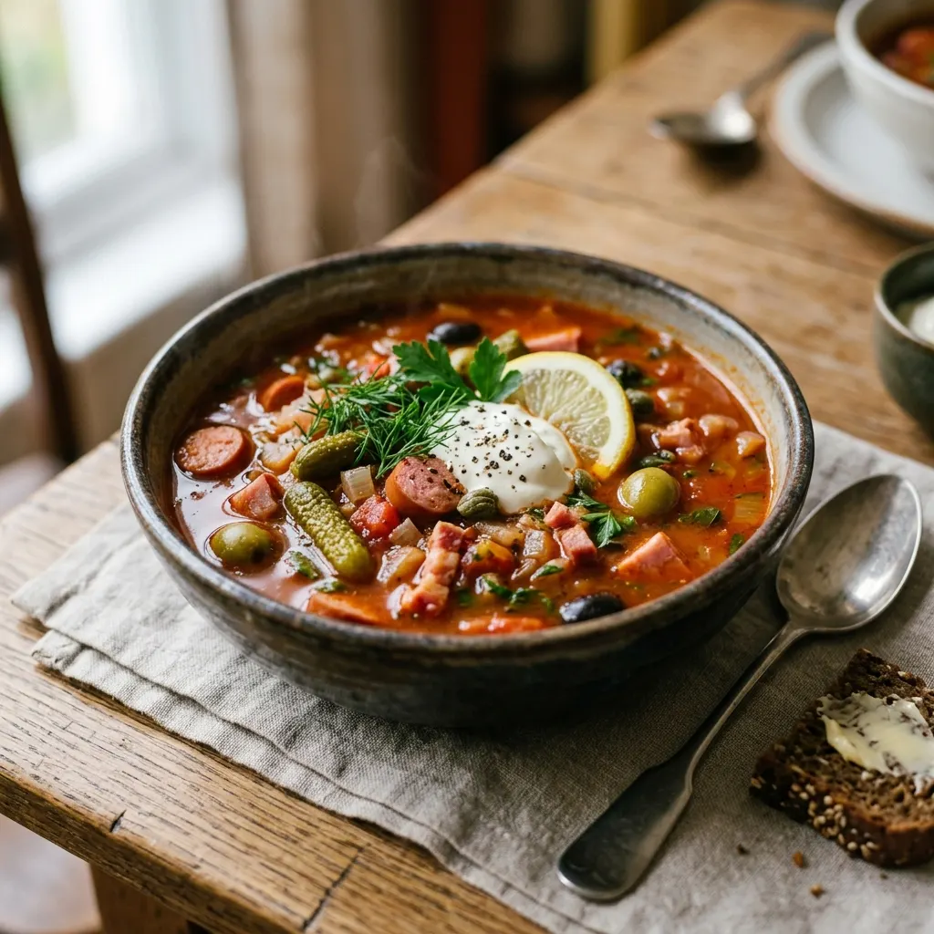 Soljanka (soupe russe aigre aux charcuteries, aux cornichons et aux olives)