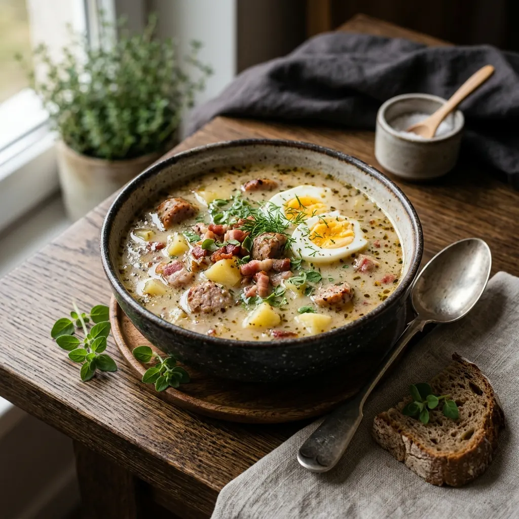 Żurek (soupe polonaise au levain de seigle et à la saucisse blanche)