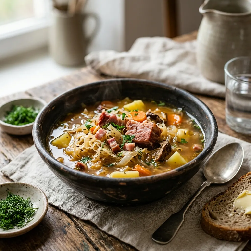 Kapuśniak (soupe polonaise au chou fermenté et aux côtes fumées)