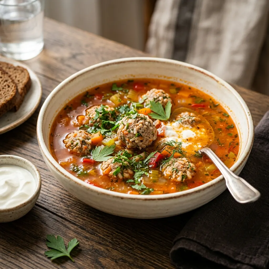 Ciorbă de perișoare (soupe roumaine aigre aux boulettes de viande)