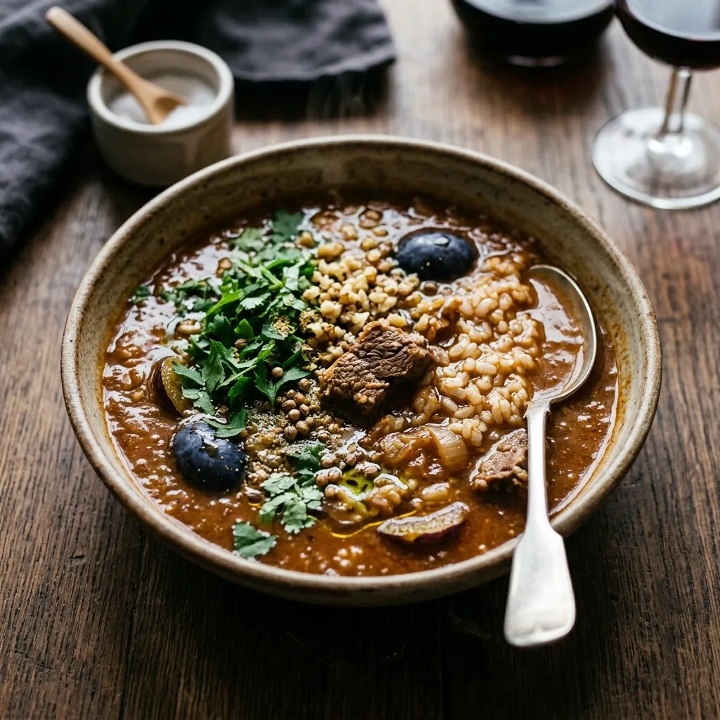 Kharcho (soupe géorgienne au bœuf, aux noix et aux quetsches)