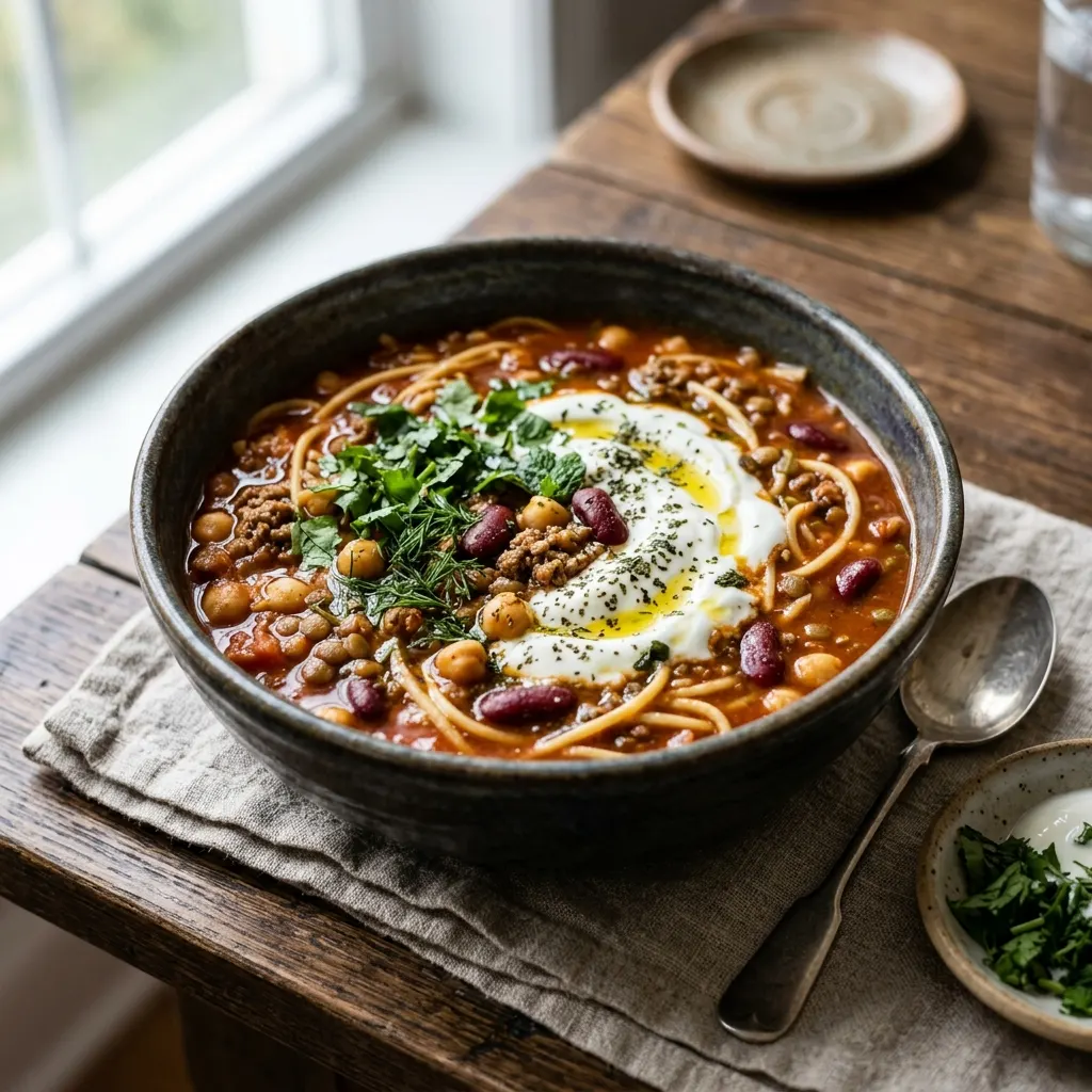 Aush (soupe afghane aux nouilles, aux légumineuses et au yaourt)