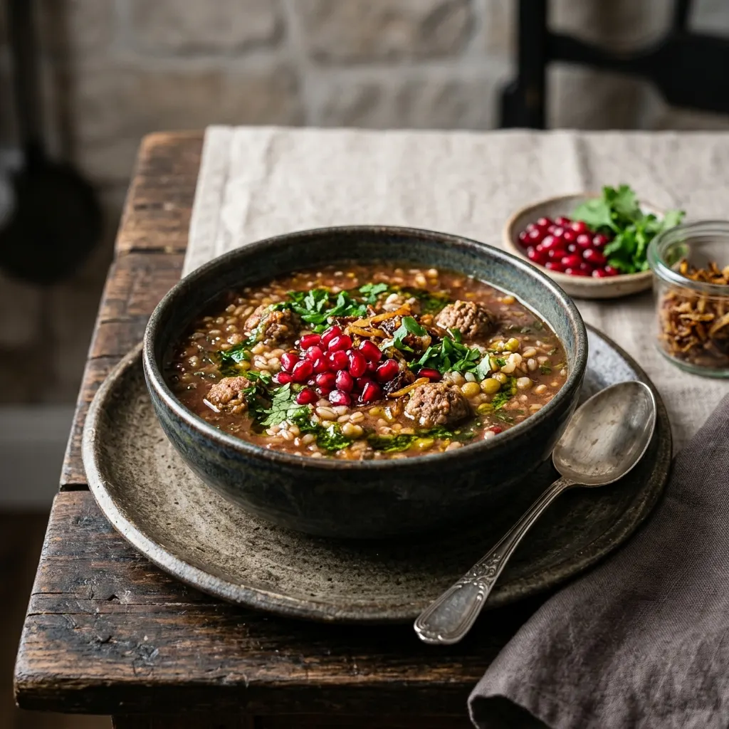 Ash-e anar (soupe persane à la grenade et aux boulettes de viande)