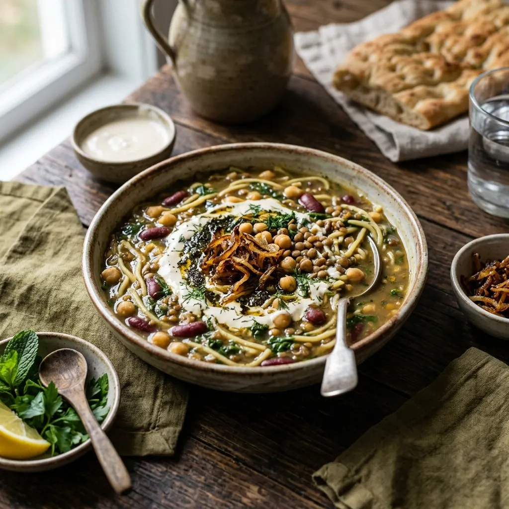 Ash-e reshteh (soupe persane aux nouilles, aux herbes et aux légumineuses)