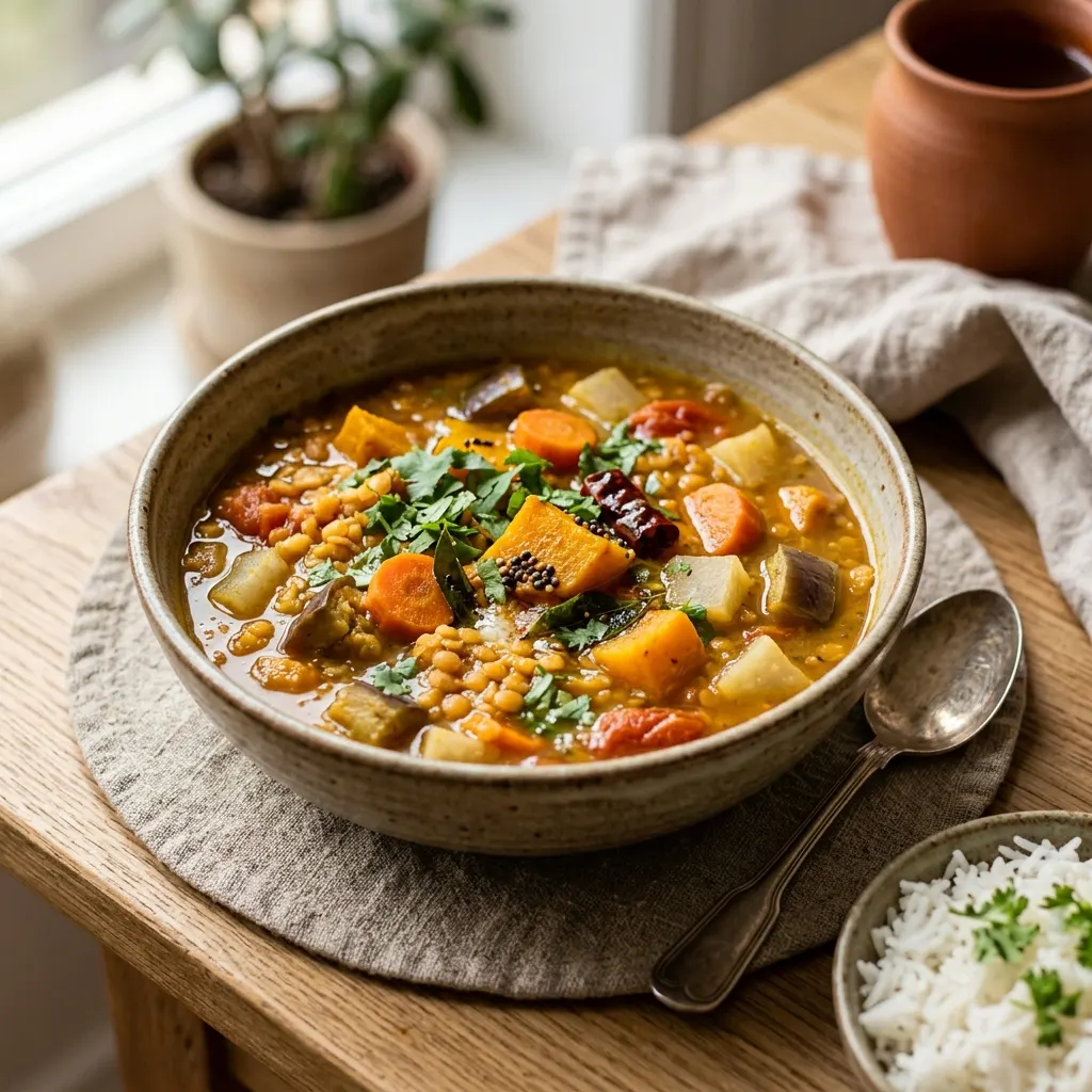 Sambar de légumes d'automne (soupe indienne de lentilles au tamarin)