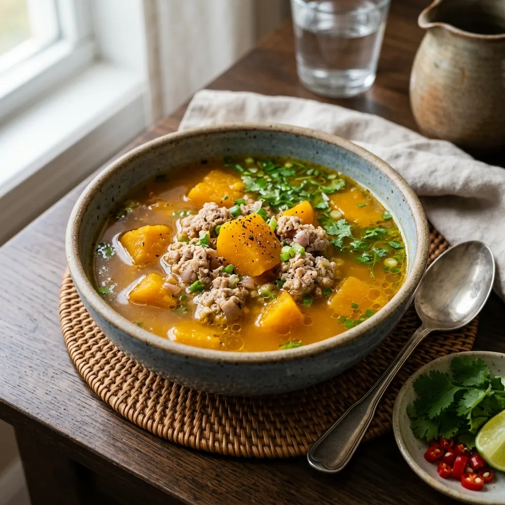 Canh bí đỏ (soupe vietnamienne au potiron et au porc haché)