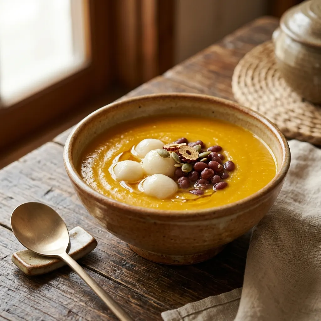 Hobakjuk (velouté coréen de potiron aux perles de riz gluant)