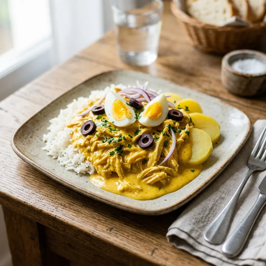 Ají de gallina (poulet effiloché péruvien en crème de piment jaune et de noix)