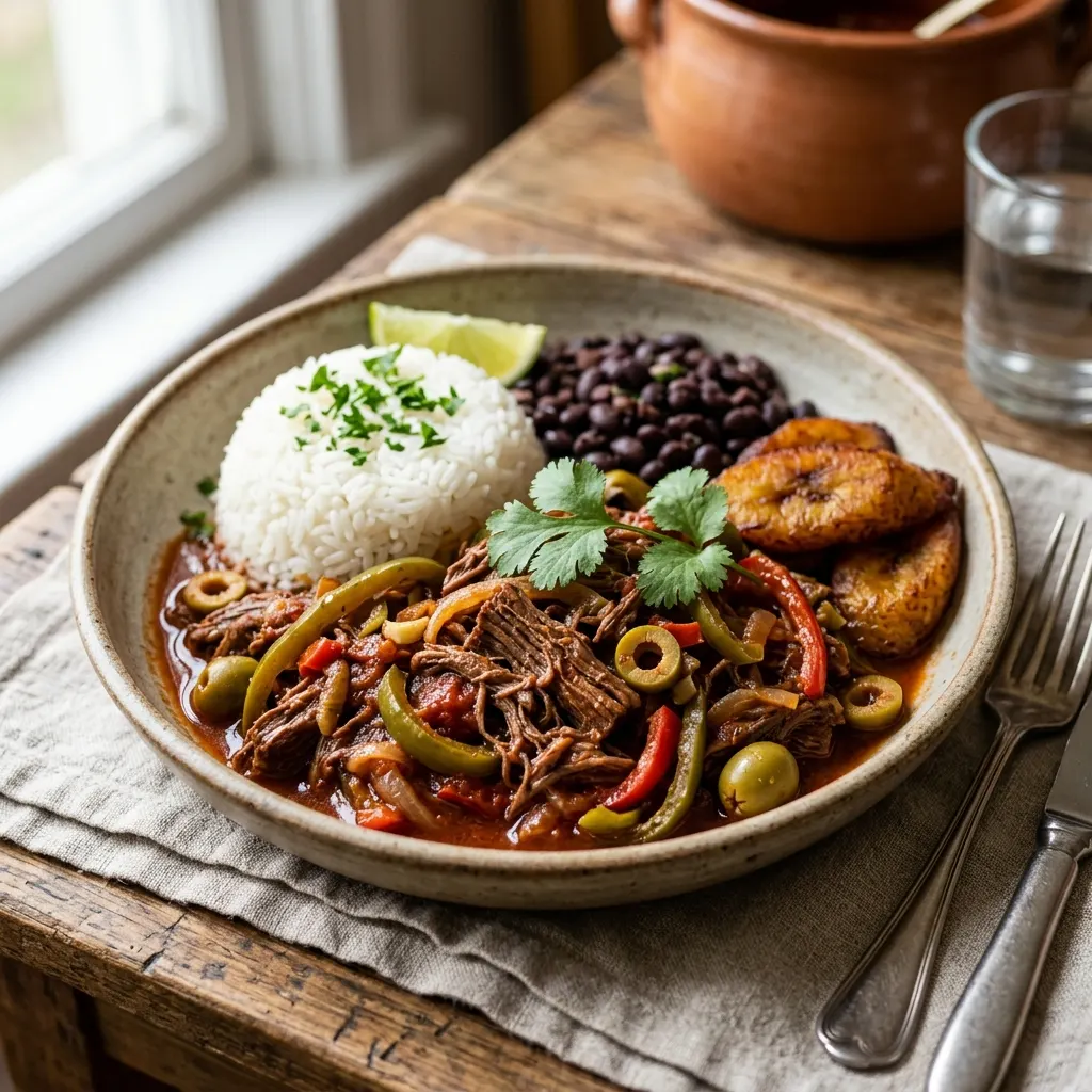 Ropa vieja (bœuf effiloché cubain à la tomate, aux poivrons et aux olives)