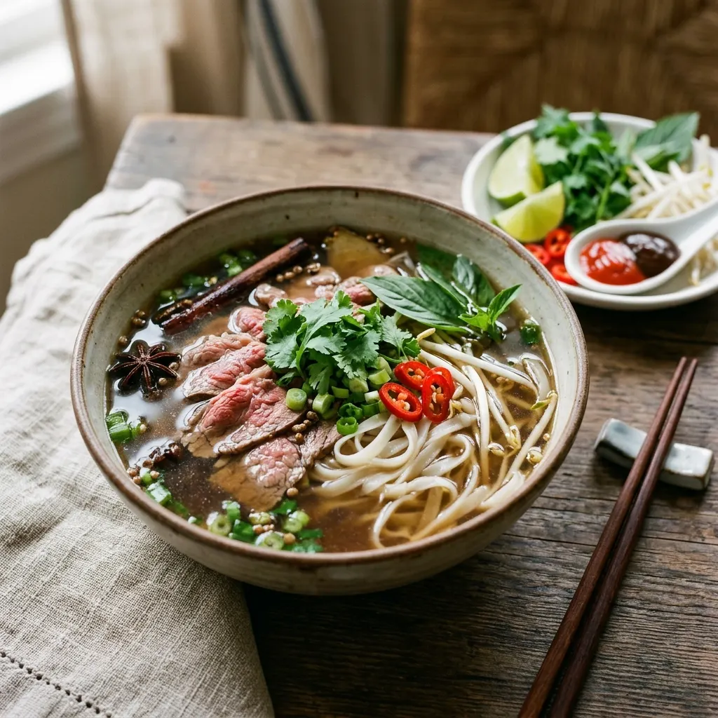 Phở bò (soupe vietnamienne de nouilles de riz au bœuf et aux épices)