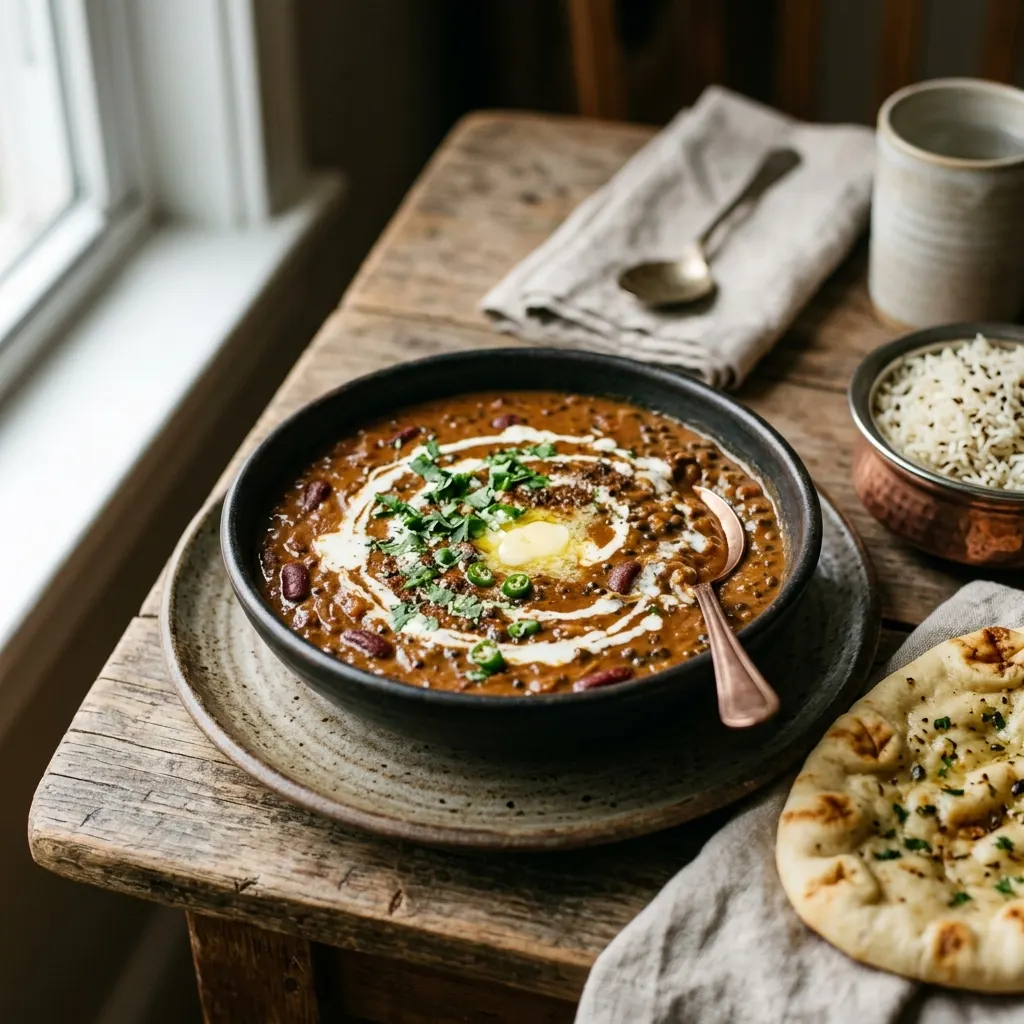 Dal makhani (lentilles noires et haricots rouges mijotés au beurre et à la crème)