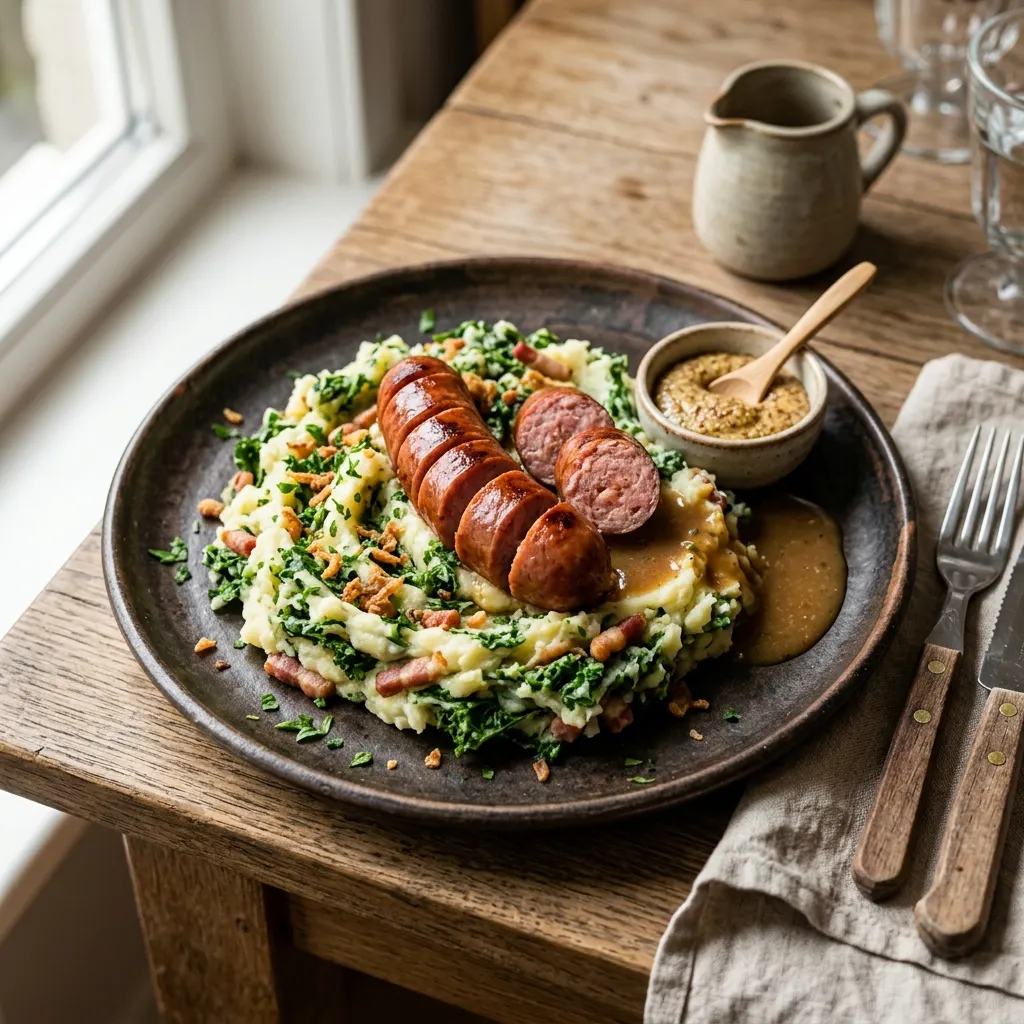 Boerenkoolstamppot met rookworst (purée néerlandaise au chou frisé, à la saucisse fumée)