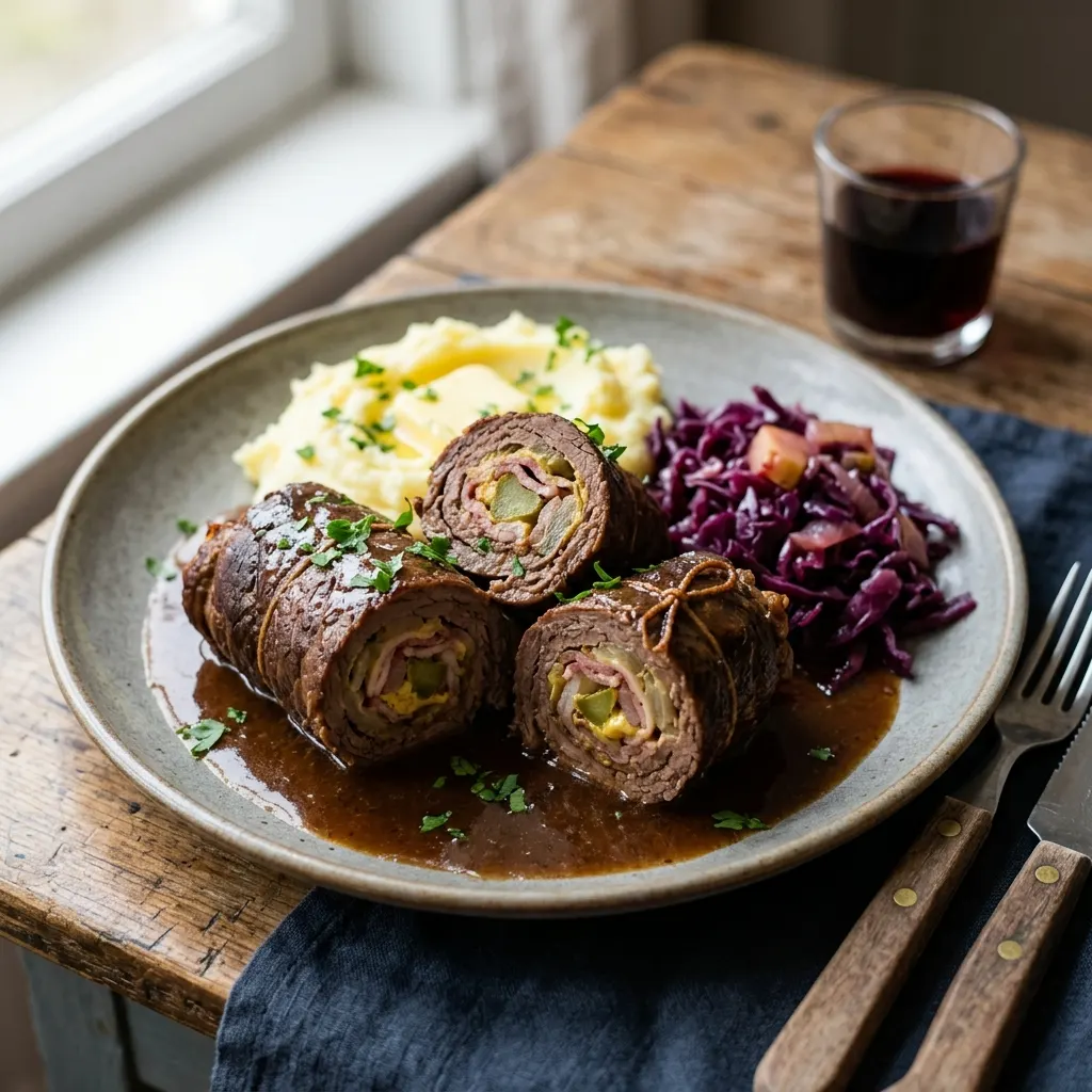 Rinderrouladen (roulades de bœuf allemandes au lard, à la moutarde et aux cornichons)