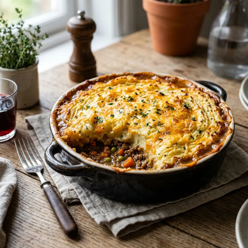 Cottage pie (hachis parmentier anglais au bœuf, purée gratinée au cheddar)