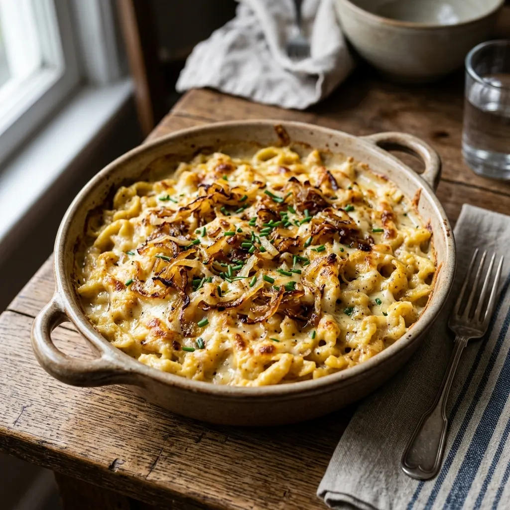 Käsespätzle (spätzle gratinés aux fromages et aux oignons dorés)