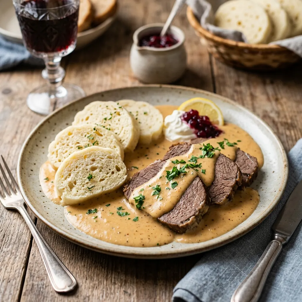 Svíčková na smetaně (bœuf tchèque braisé, sauce crémeuse aux légumes racines)