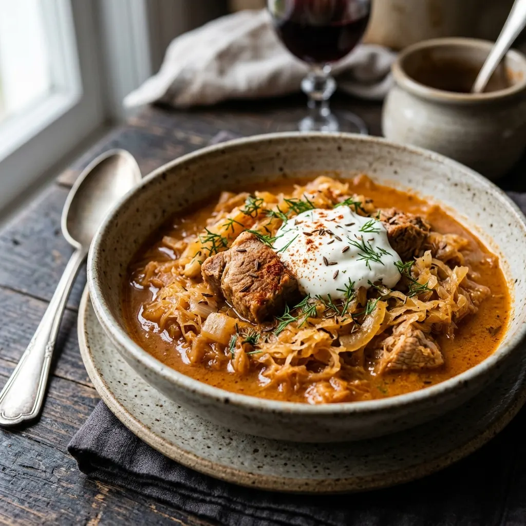 Székelygulyás (ragoût hongrois de porc, choucroute et crème aigre)