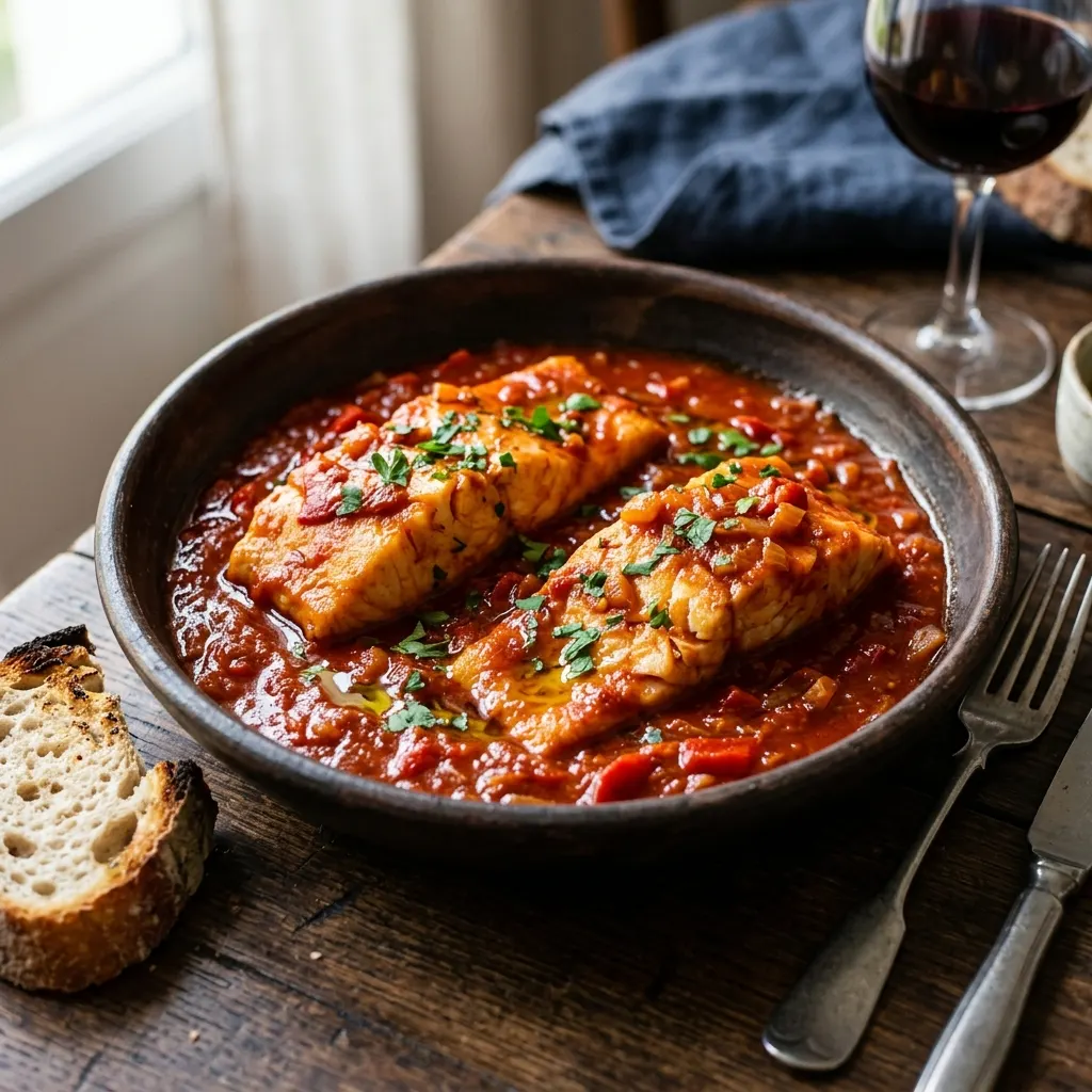 Bacalao a la vizcaína (morue à la basquaise, sauce au piment doux séché)