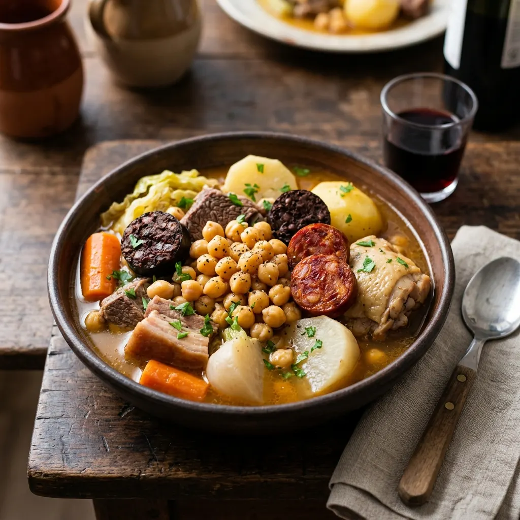 Cocido madrileño (pot-au-feu madrilène aux pois chiches, chorizo et boudin)