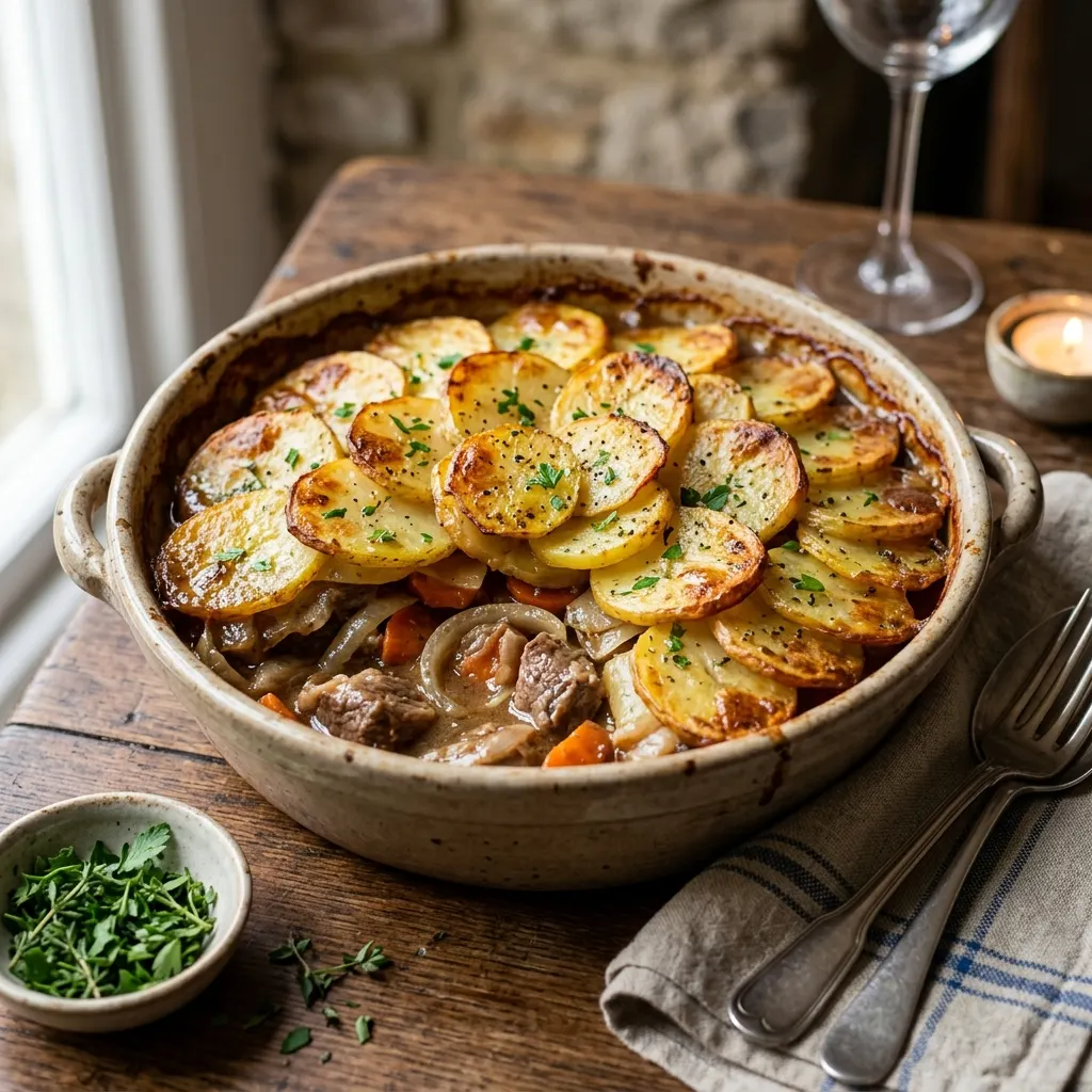 Lancashire hotpot (ragoût anglais d'agneau et d'oignons sous une couronne de pommes de terre)