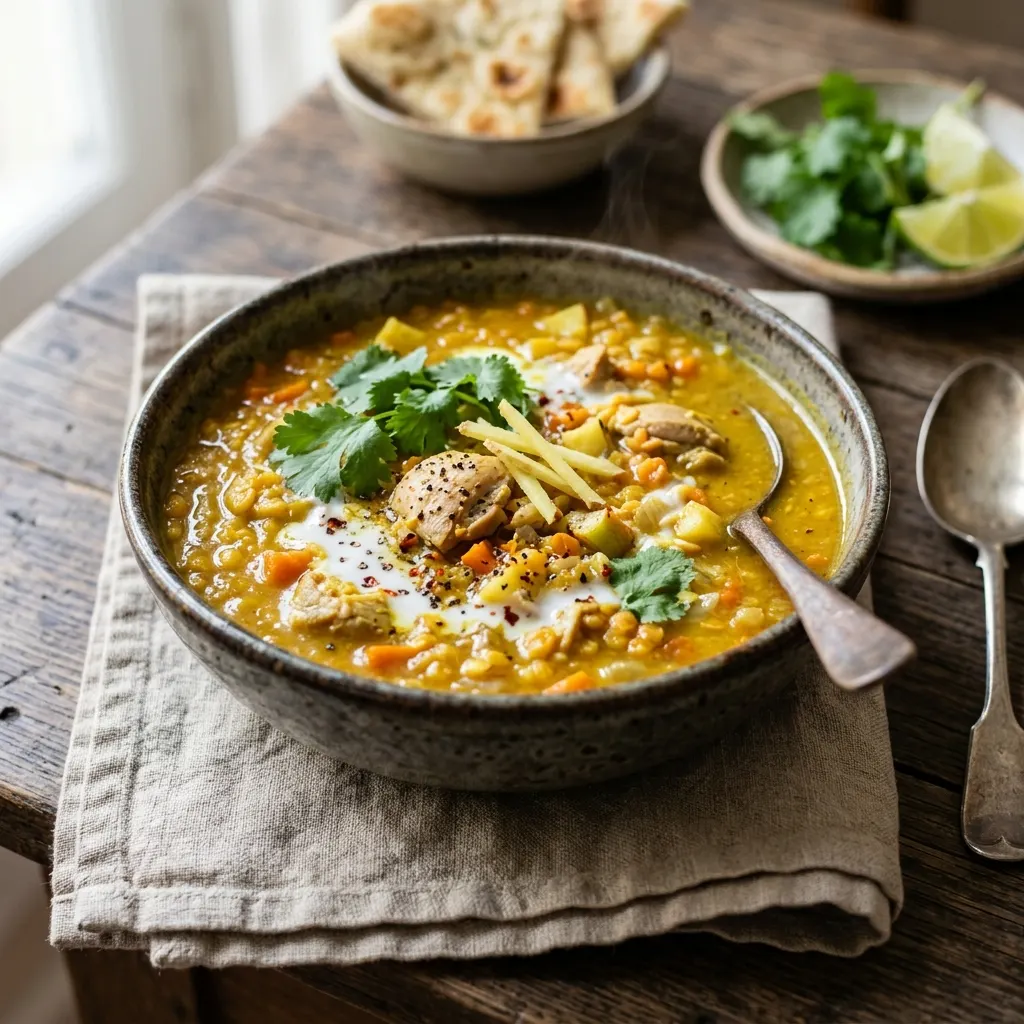 Mulligatawny (soupe anglo-indienne de lentilles corail, de poulet et de curry)