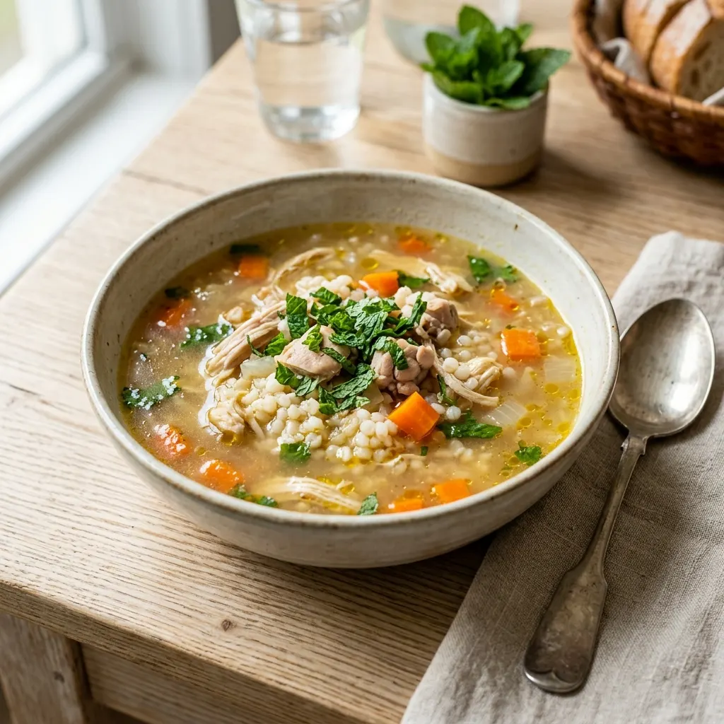 Canja de galinha (soupe portugaise de poulet, de riz et de menthe)