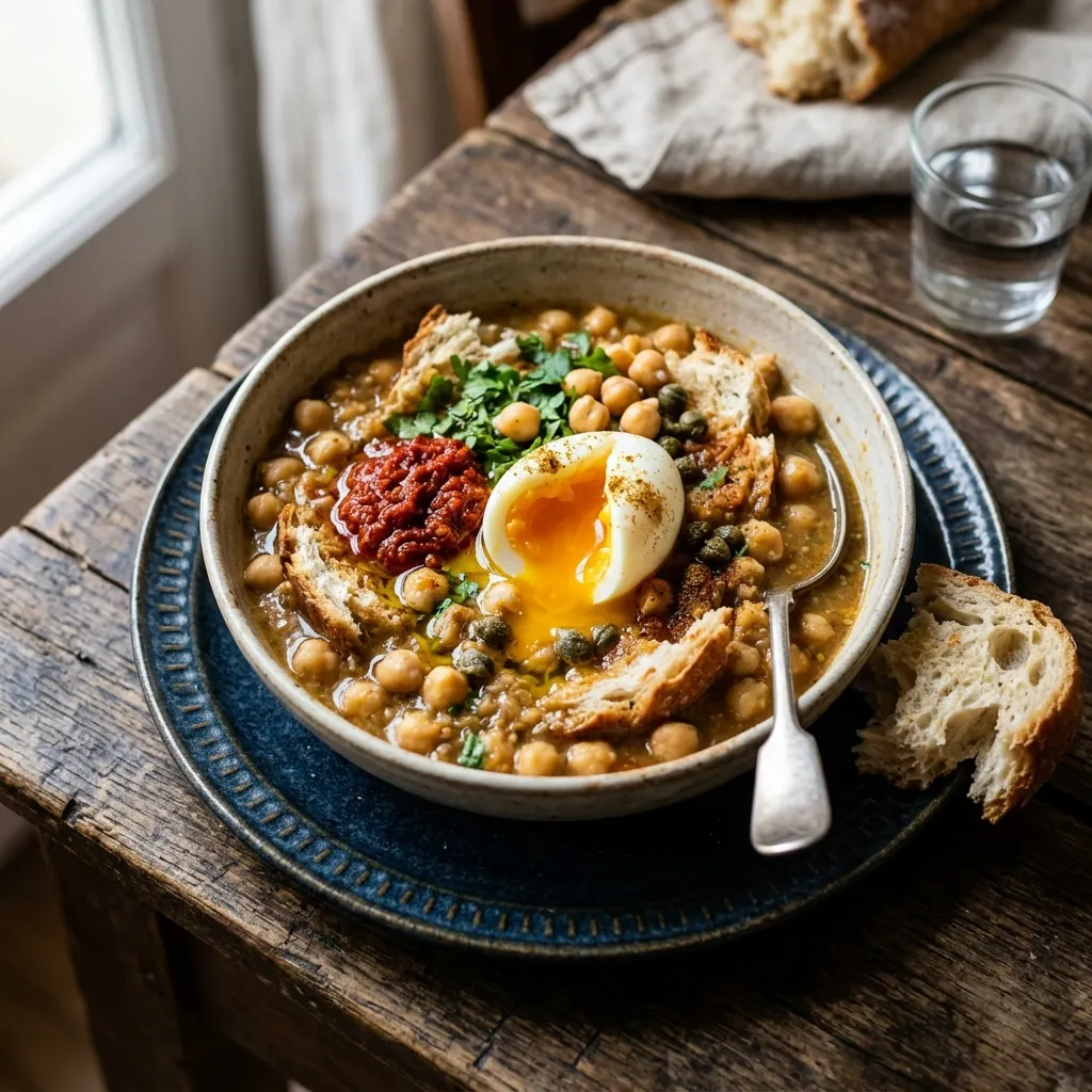 Lablabi (soupe tunisienne de pois chiches au cumin, à la harissa et au pain)