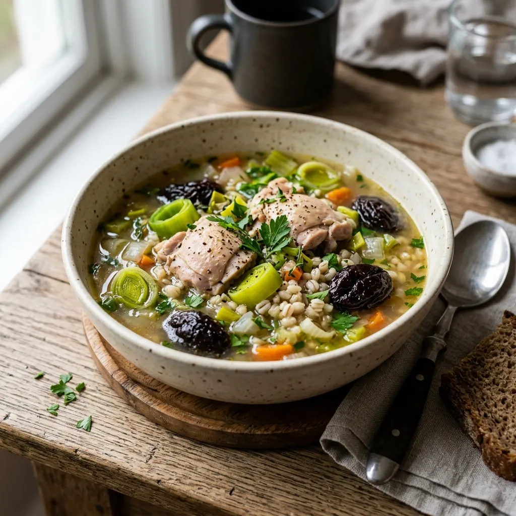 Cock-a-leekie (soupe écossaise de poulet, de poireaux et de pruneaux)
