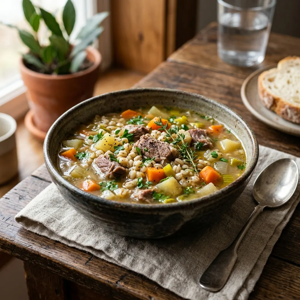 Scotch broth (soupe écossaise d'agneau, d'orge perlé et de légumes racines)