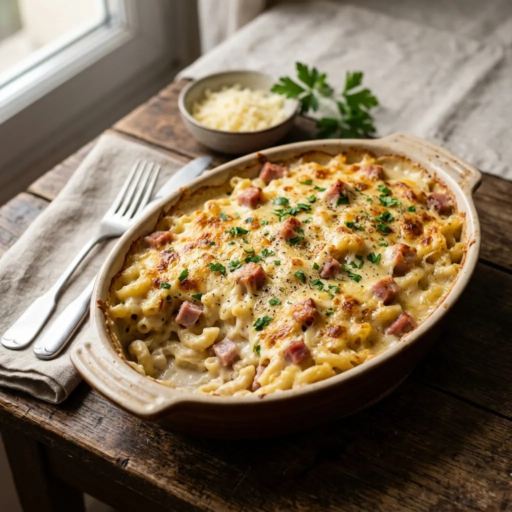 Gratin de macaronis au jambon et au comté