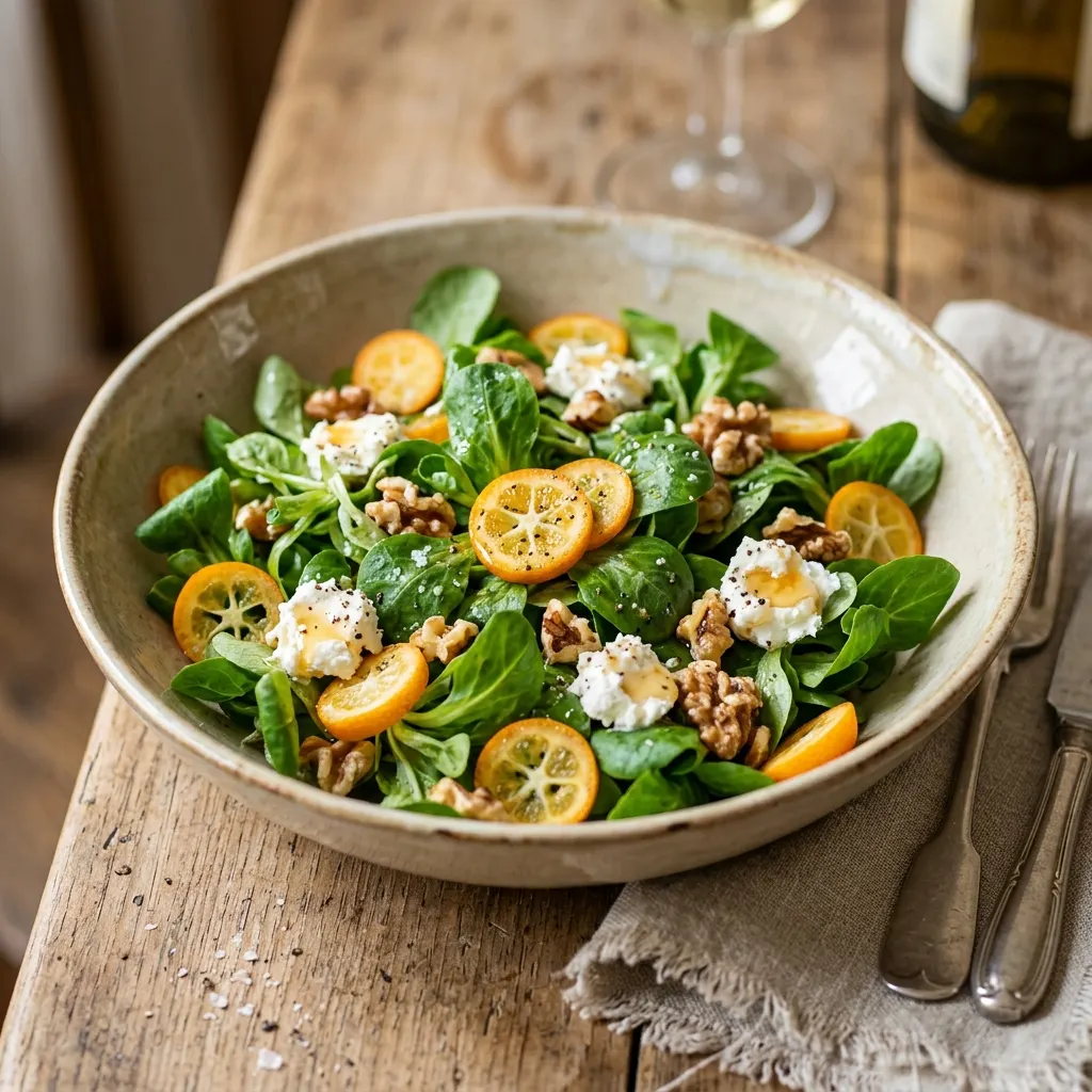 Salade de mâche aux kumquats, au chèvre frais et aux noix