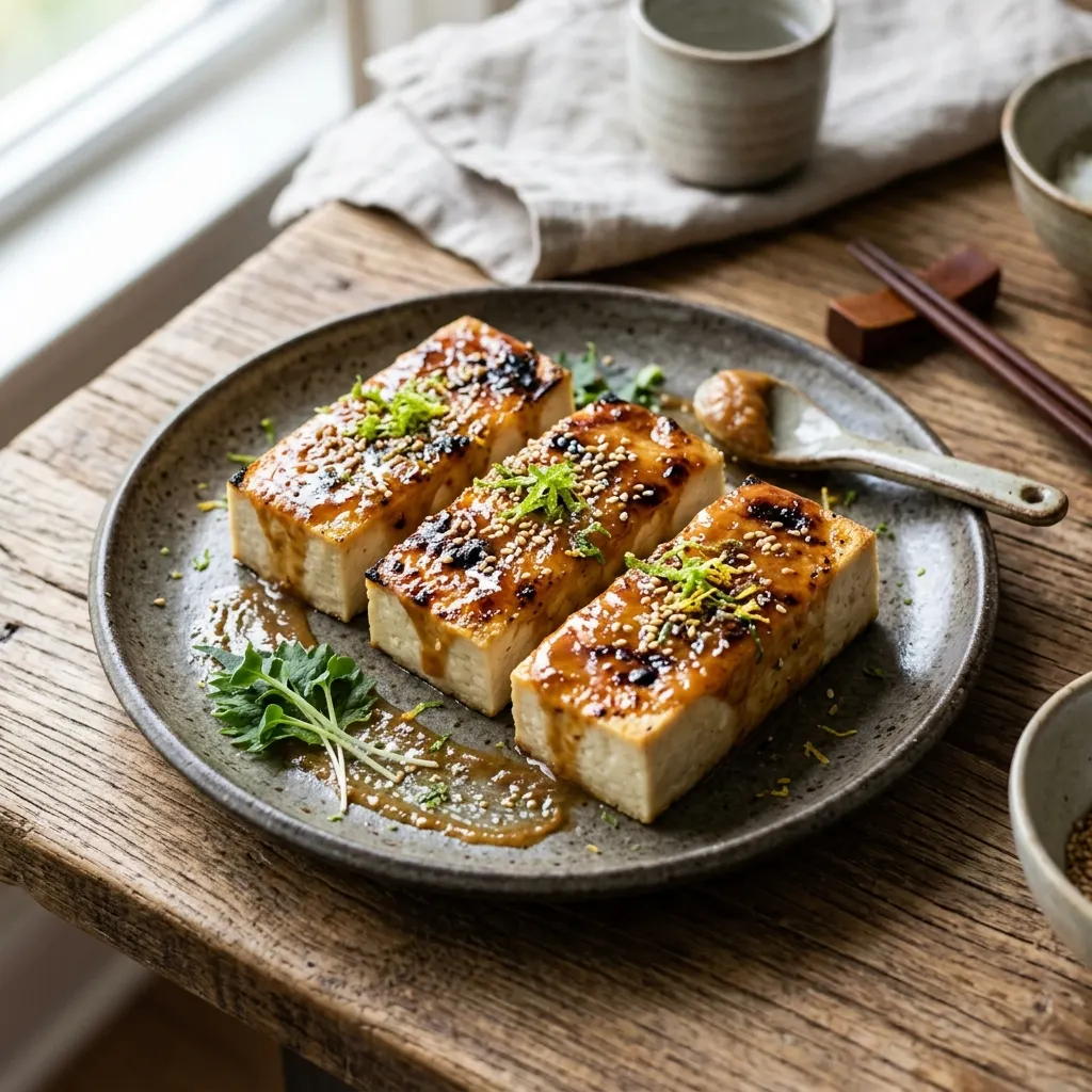 Yuzu miso dengaku (tofu grillé au miso et au yuzu)