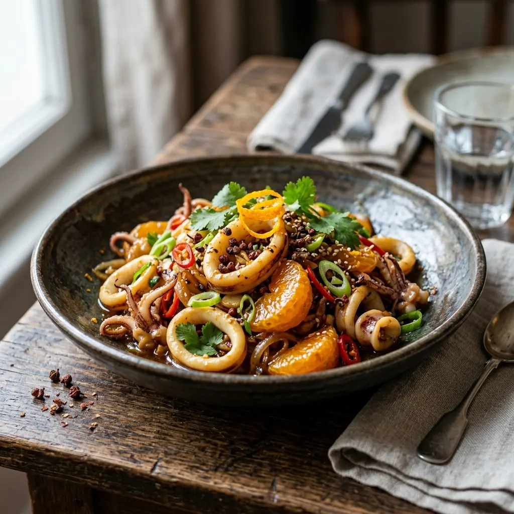 Calamars sautés à la mandarine et au poivre de Sichuan