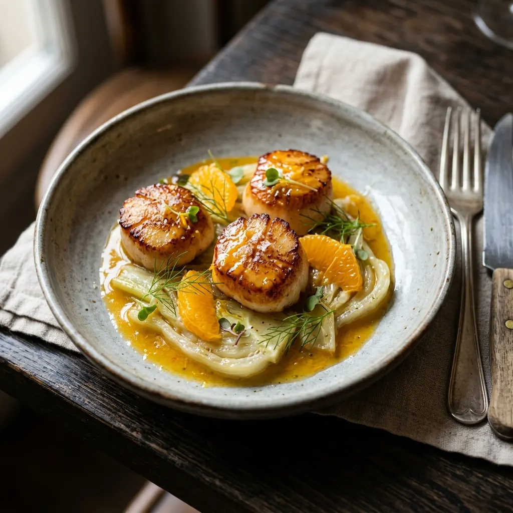 Noix de Saint-Jacques poêlées, sauce à la clémentine et fenouil fondant