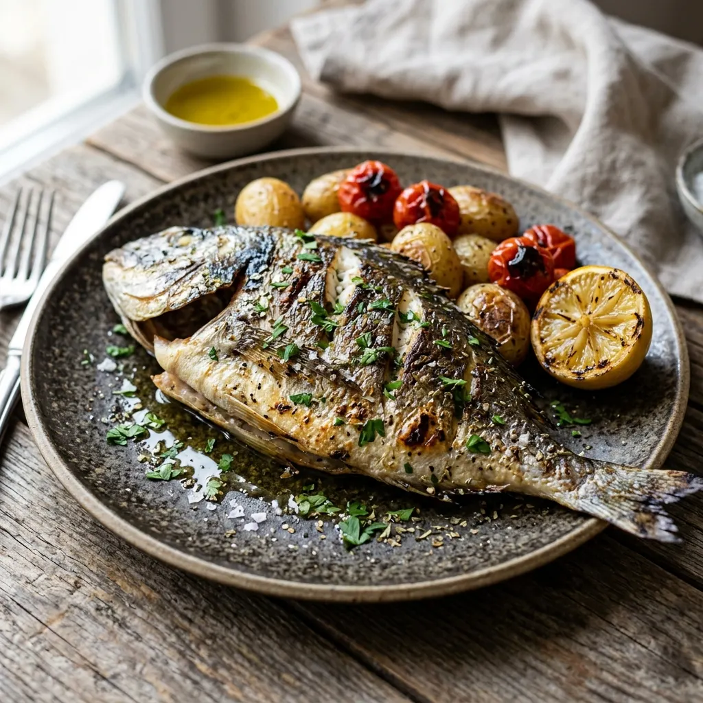 Tsipoura sta karvouna me ladolemono (daurade grillée, émulsion d'huile d'olive, de citron et d'origan)