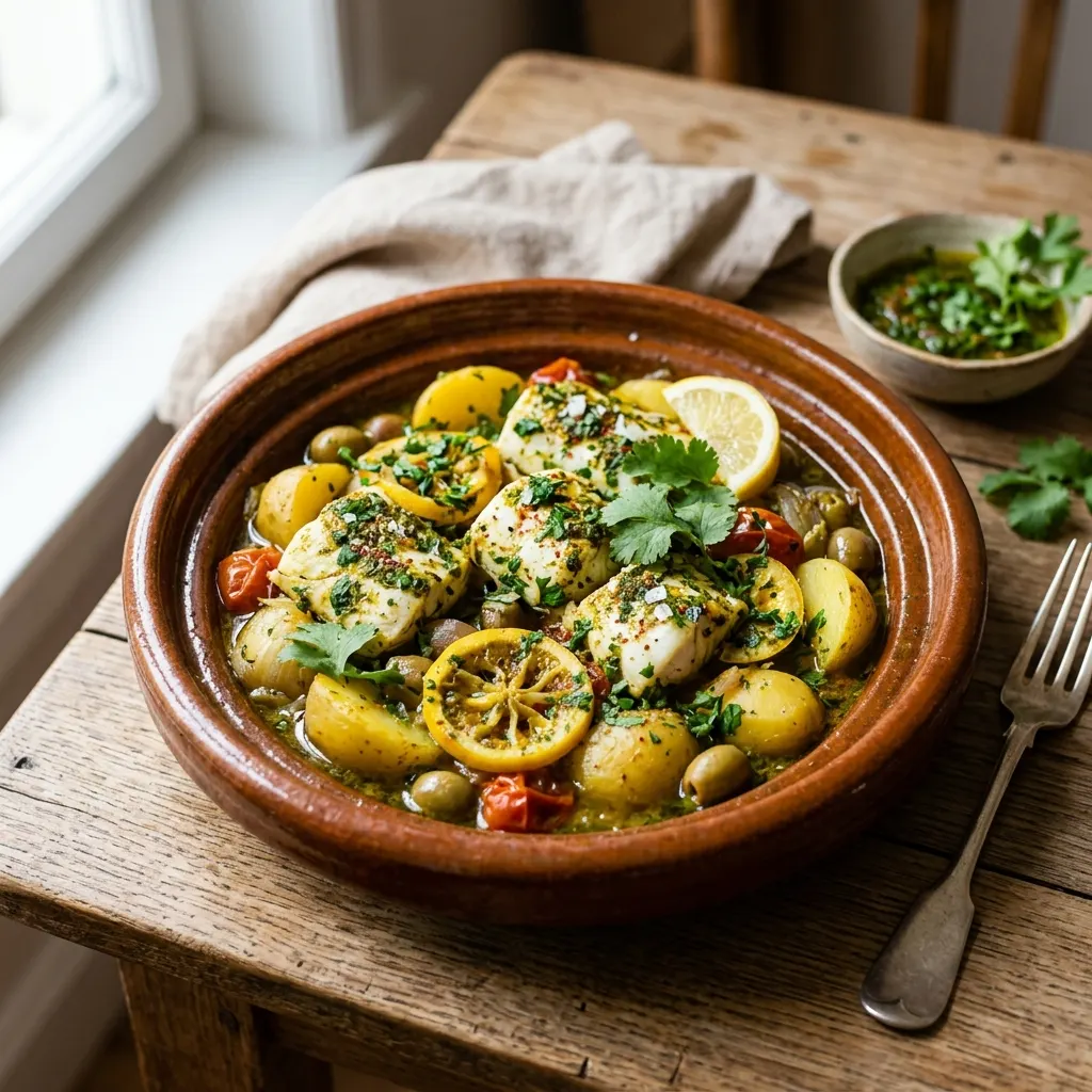 Tajine de merlu à la chermoula, aux citrons confits et aux pommes de terre