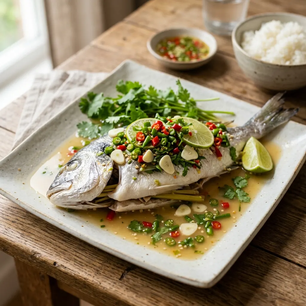 Pla neung manao (daurade à la vapeur, sauce au citron vert, à l'ail et au piment)