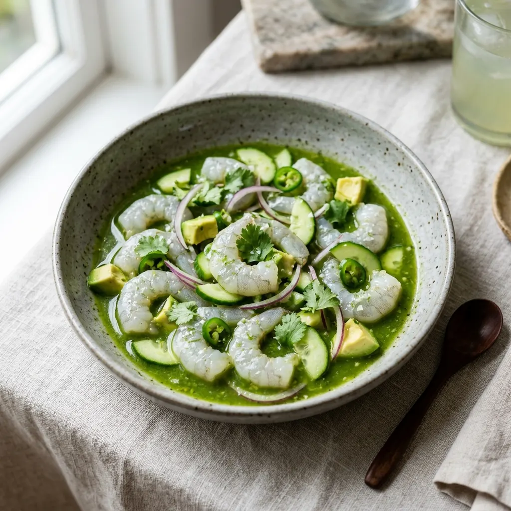 Aguachile verde de camarón (crevettes crues au citron vert, au piment et au concombre)