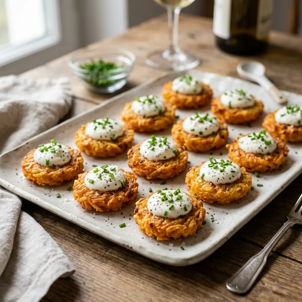 Mini röstis de pomme de terre et de patate douce, à la crème et à la ciboulette