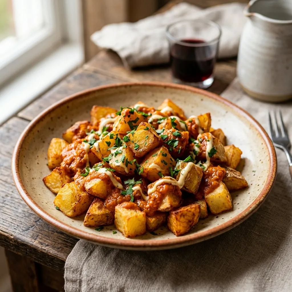 Patatas bravas (pommes de terre frites à la sauce brava épicée)