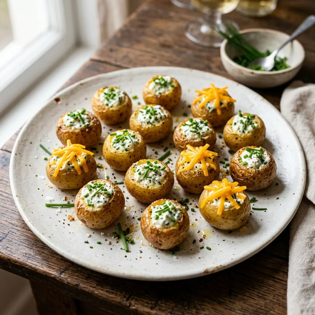 Pommes de terre grenailles farcies au fromage frais et à la ciboulette