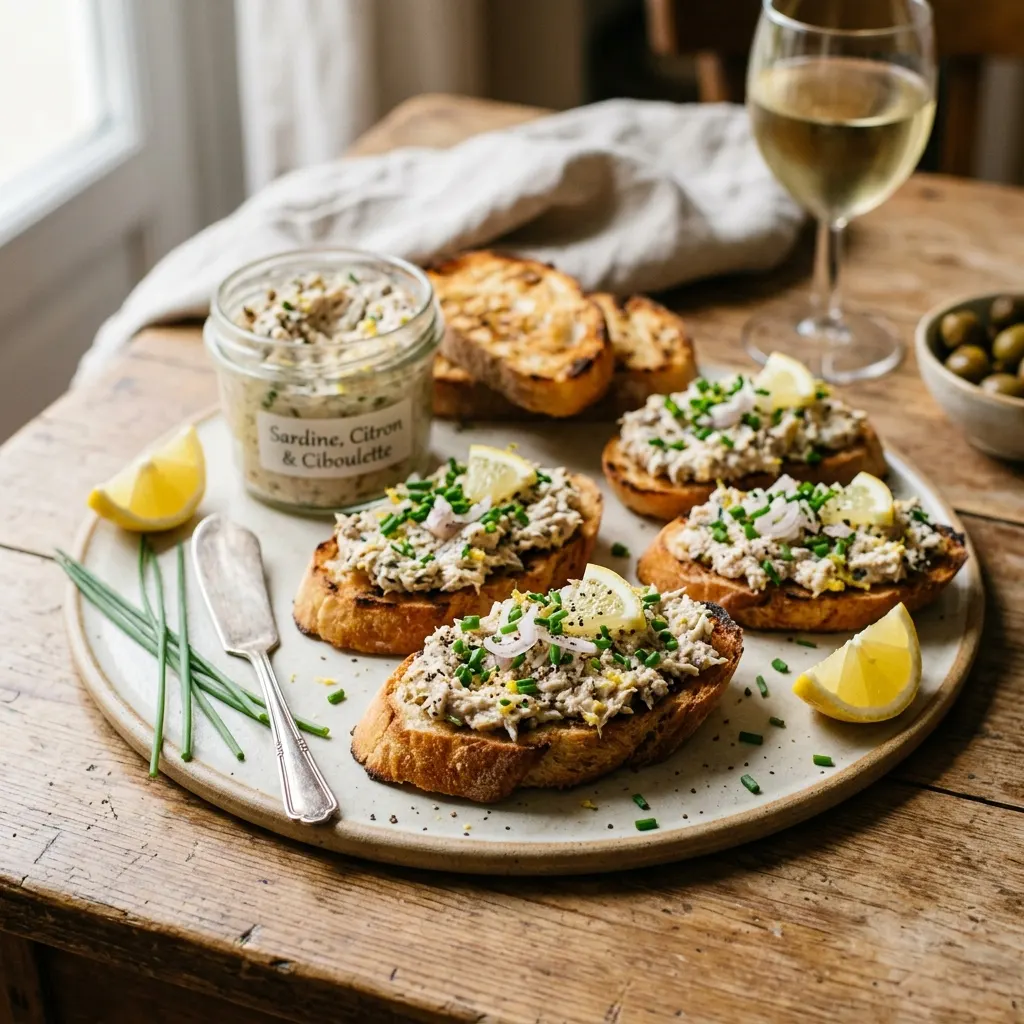 Rillettes de sardines au citron et à la ciboulette sur tartines