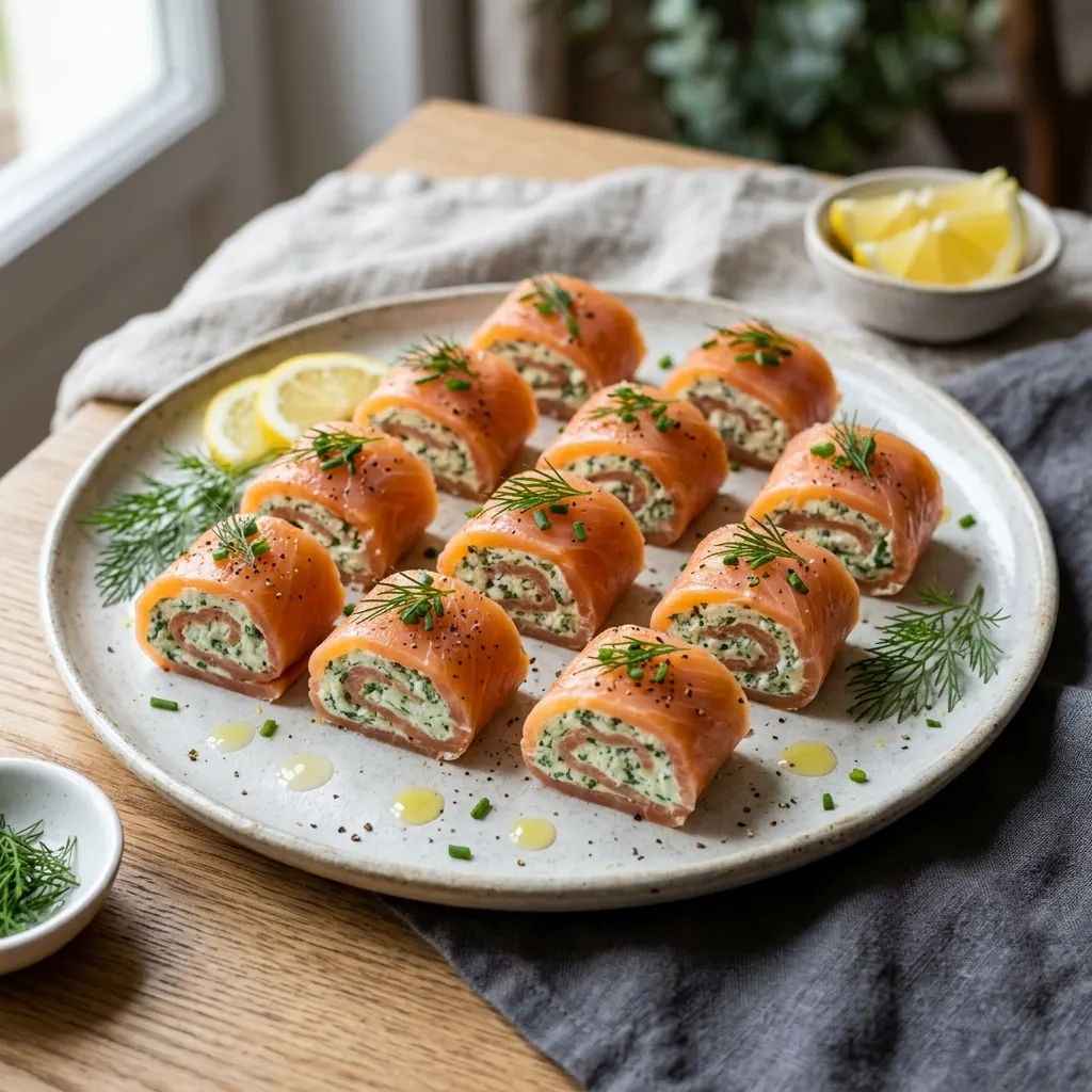 Roulés de saumon fumé au fromage frais, au citron et à l'aneth