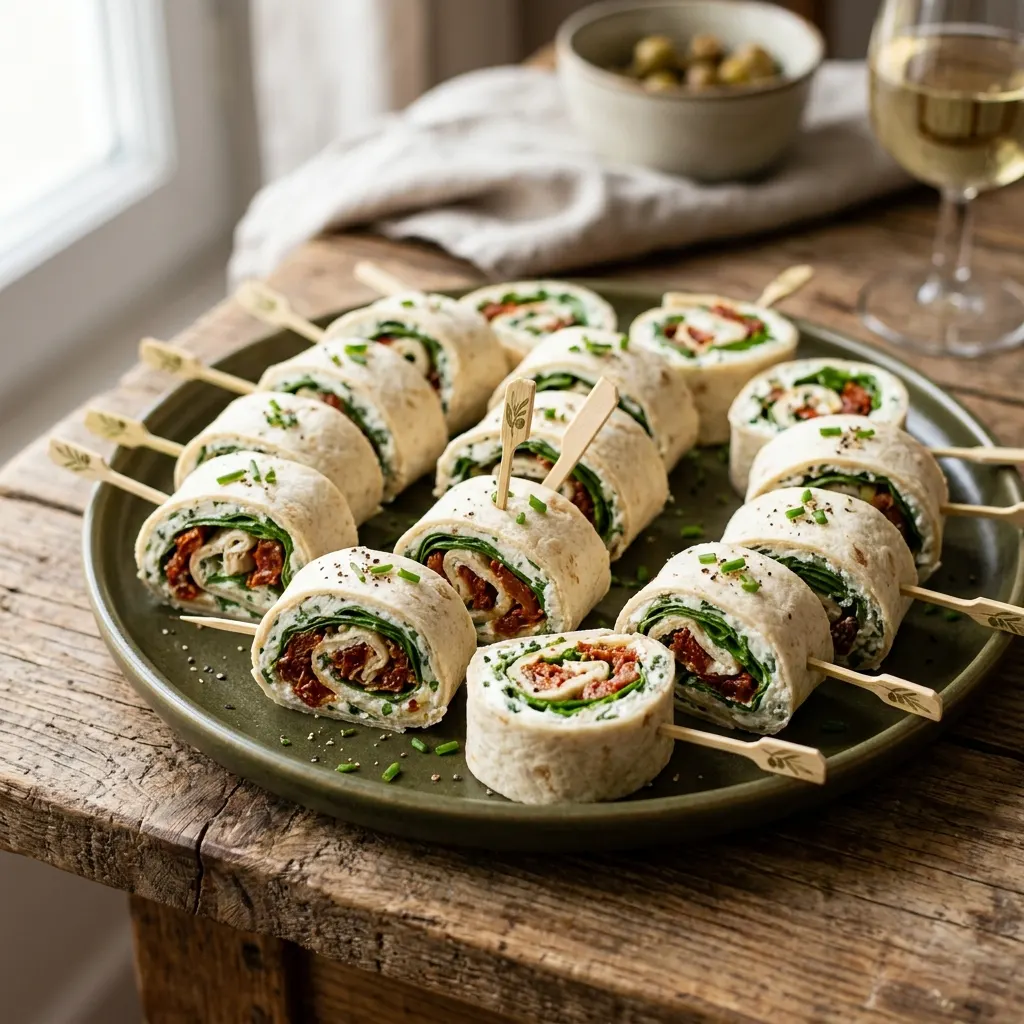 Roulés de tortilla au fromage frais, aux épinards et aux tomates séchées