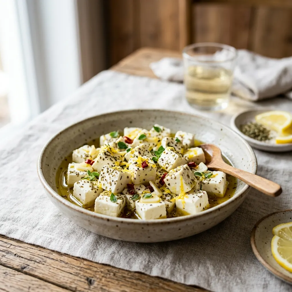 Cubes de feta marinés à l'huile, à l'origan et au zeste de citron