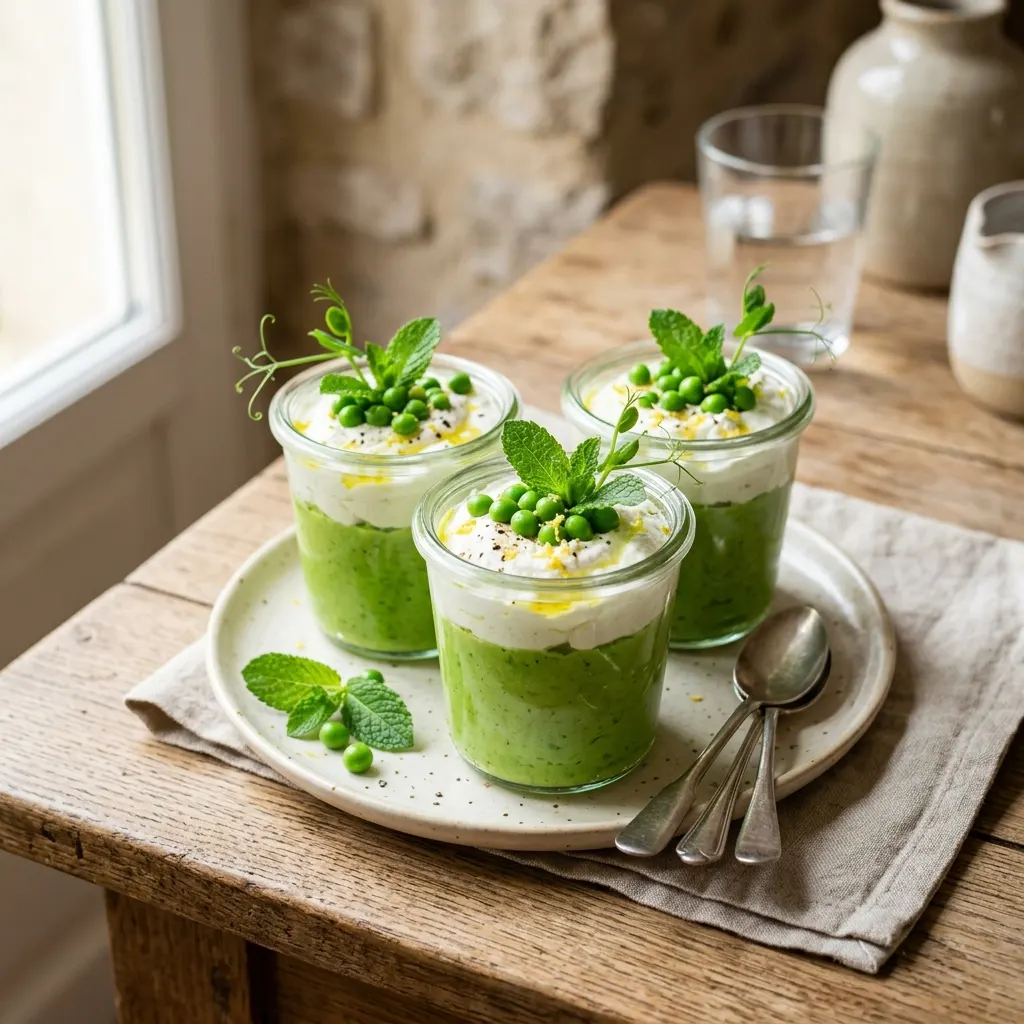Verrines de petits pois, menthe et ricotta