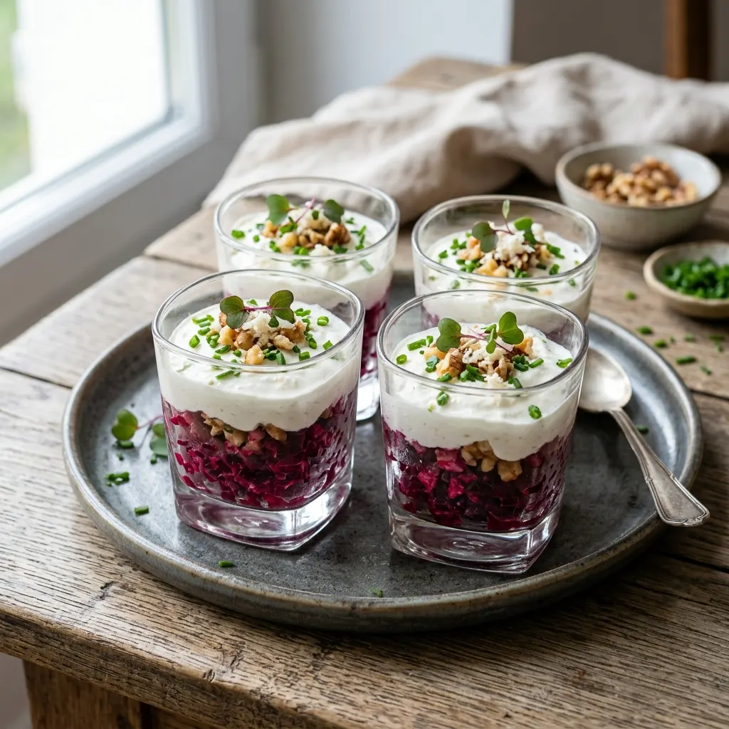 Verrines de betterave au raifort et au fromage frais